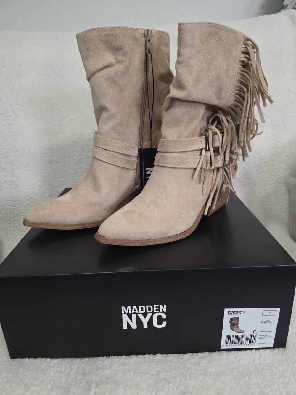 Madden NYC Faux Suede Fringe Western Boots In Sand Women's Size 7 NEW With Box